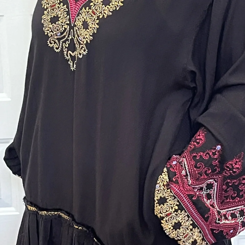 Free People Wild One Black Embroidered Long Sleeve V Neck Mini Dress Tunic XS